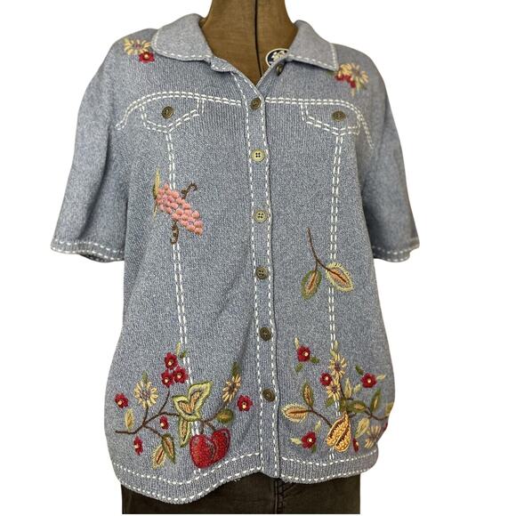 Alfred Dunner Sweaters - ALFRED DUNNER Blue Button Sweater‎ Womens (L) Cotton Beaded Embroidered Floral